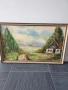 Herman 108х69см/стара голяма картина масло върху платно/пейзаж/къща-път-гора/дървена рамка, снимка 1