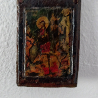 РЕДКАЖ! стара кожена  икона 18 век Исус влиза на магаре в Йерусалим старинна икона , снимка 1 - Антикварни и старинни предмети - 44597866