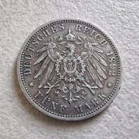 Монета. Германия. Сребро. 5 райх марки. 1892 год. , снимка 2 - Нумизматика и бонистика - 42791012