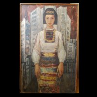 Стара, голяма картина, момиче с носия, 1970-те год., 132х84, снимка 1 - Картини - 31180760