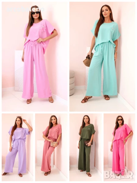 Дамски комплект от две части от вискоза с декоративно цвете и широки панталони, 14цвята , снимка 1