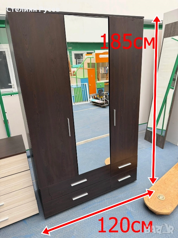 241233  трикрилен MDF МДФ гардероб с огледало 185/120см цена 220 лв или 112.18 евро -185см висок, 12, снимка 1