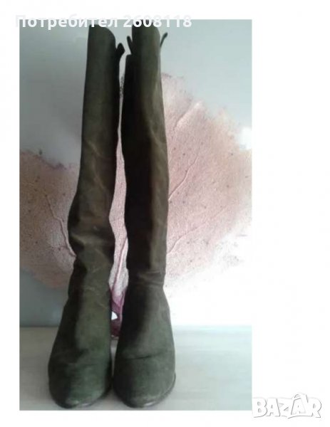 Италиански ботуши велур – зелени/каки, до коляното , снимка 1