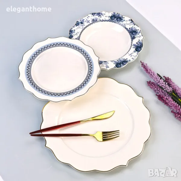 Луксозен сеервиз за хранене 18 части Royal Blue & Gold - костен порцелан, снимка 1