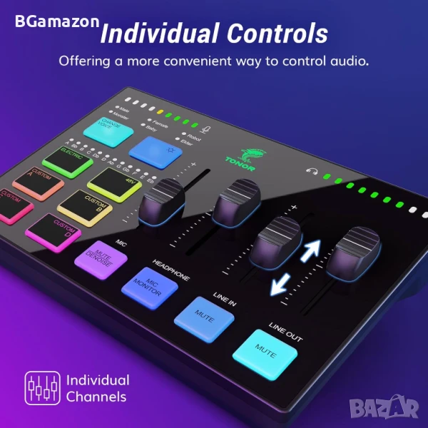 Нов, тестван TONOR RGB аудио миксер с Pro предусилвател, 6.5 мм и XLR канал, поддръжка за инструмент, снимка 1