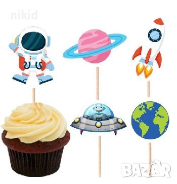 10 бр Космос ракета космонавт планети земно кълбо топери клечки за мъфини декорация и украса, снимка 1