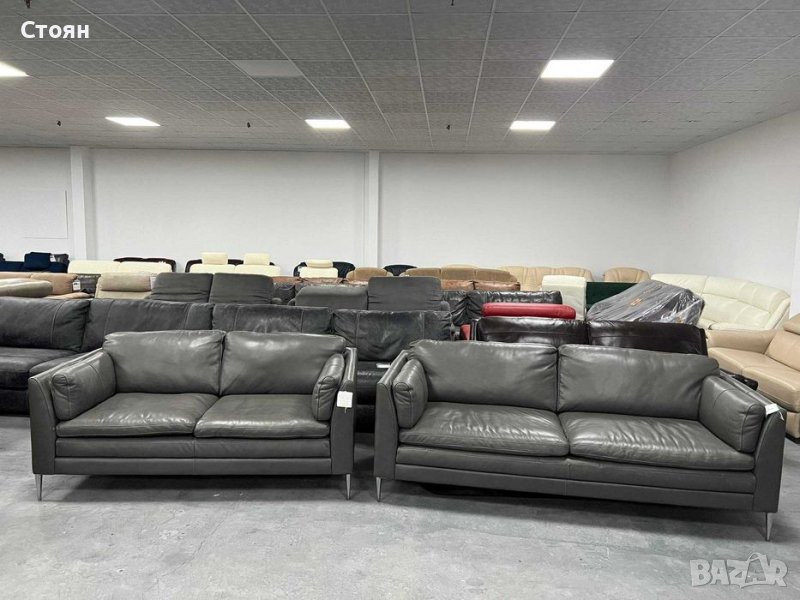 Сиви кожени дивани тройка и двойка - естествена кожа, снимка 1
