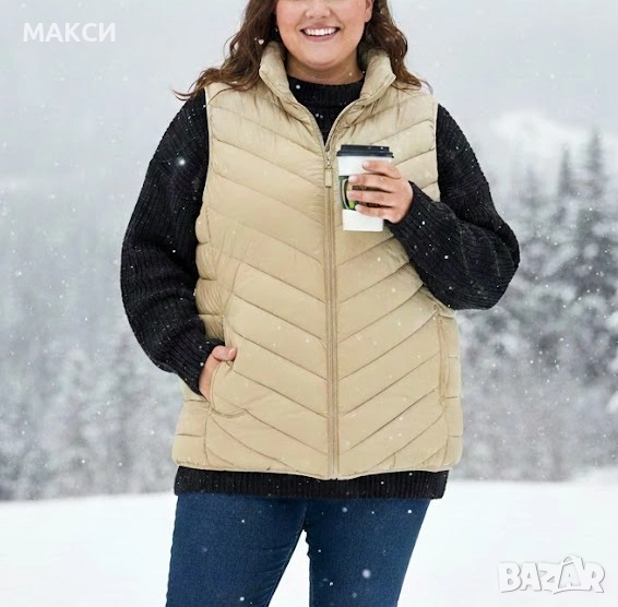 Макси олекотен шушляков елек с пухена топла подплата, джобове и цип в бежово - много мек, топъл, вет, снимка 1