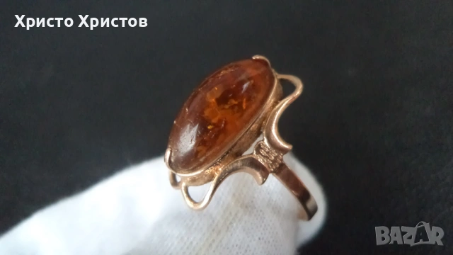 Руски-СССР златен пръстен с кехлибар, снимка 3 - Пръстени - 54128115