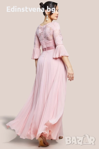 Дамска официална дълга рокля в цвят пудра с дантела и плисе, снимка 2 - Рокли - 52391834