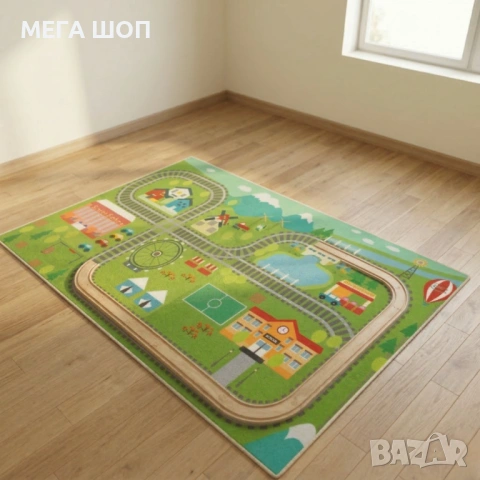 Детски килим за игра 120х160см - Яркозелен килим с влак и релси, противоплъзгащ и миещ се