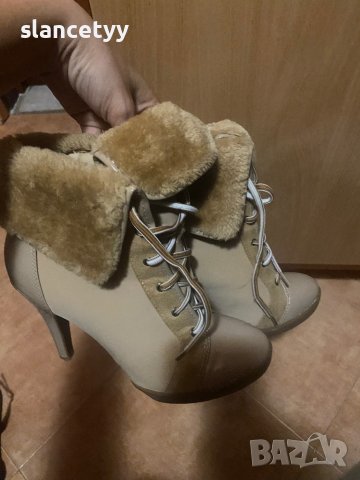 Зимни топли боти на ток в бежово, снимка 2 - Дамски боти - 42032945
