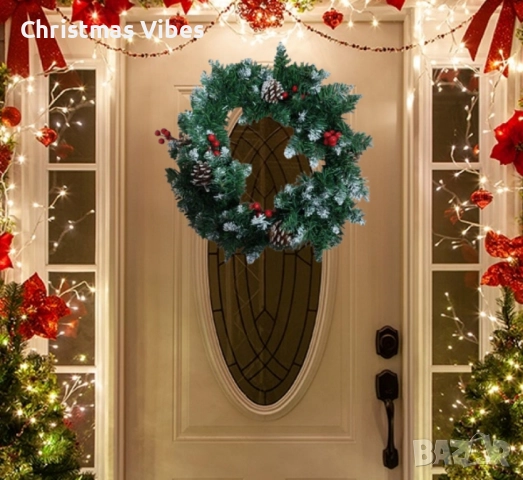 Коледен венец с шишарки и червени плодчета - 40 см, снимка 5 - Други - 52092496