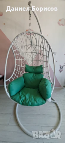 Висящ стол/люлка тип яйце с възглавница, бял/зелен, снимка 1