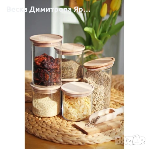 Стъклен буркан с бамбуков капак Ø10 x 10 см, 700 мл, снимка 8 - Други - 51130779