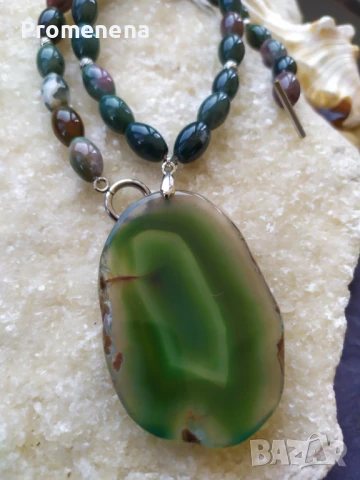 Колие от Индийски Ахат с плоча от зелен Ахат, снимка 3 - Колиета, медальони, синджири - 51326676