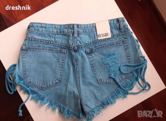 Дамски дънкови къси панталони, синя боя, странични вързанки, снимка 3 - Къси панталони и бермуди - 36936120