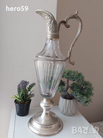 Стара кана за вино,кристал и посребрен метал, снимка 1
