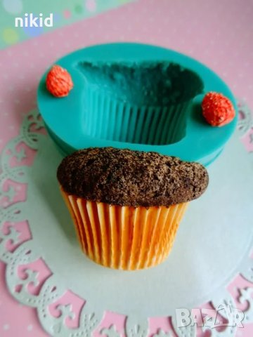3d дълбоко голямо кексче мъфин мъфинка и ягодки силиконов молд форма декорация фондан шоколад гипс 