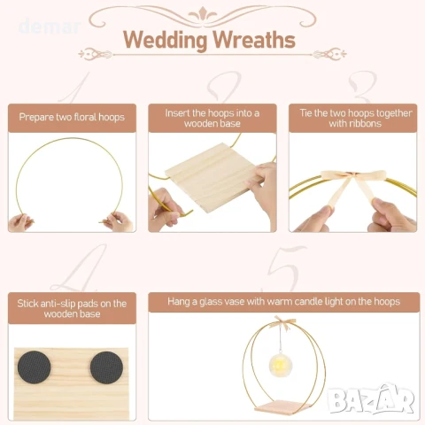 Комплект от 8 флорални обръча с диаметър 30 ​​см за маса с дървена основа и свещ, снимка 4 - Декорация за дома - 50591162