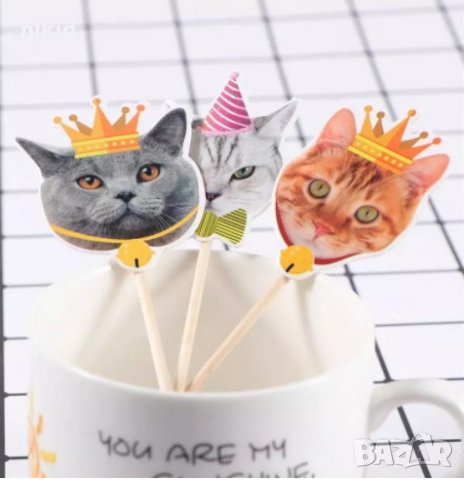 15 бр глава коте котка котки шапка корона топер торта топери клечки за мъфини кексчета парти украса, снимка 7 - Други - 31273494