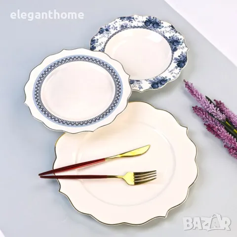 Луксозен сеервиз за хранене 18 части Royal Blue & Gold - костен порцелан, снимка 1
