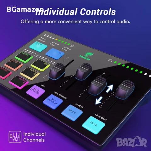 Нов, тестван TONOR RGB аудио миксер с Pro предусилвател, 6.5 мм и XLR канал, поддръжка за инструмент, снимка 1