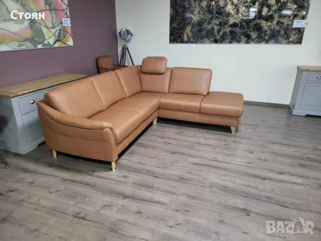 Светло кафяв кожен ъглов диван "Viola" с функция ракла, снимка 3 - Дивани и мека мебел - 48307371