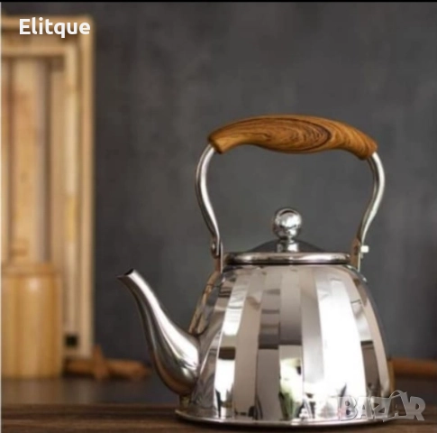 Чайник от неръждаема стомана с фина цедка и дървена дръжка, 1L, снимка 9 - Други - 52901367