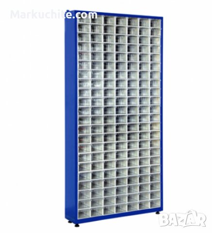 Метален стелаж със 154 кутии за съхранение на накрайници