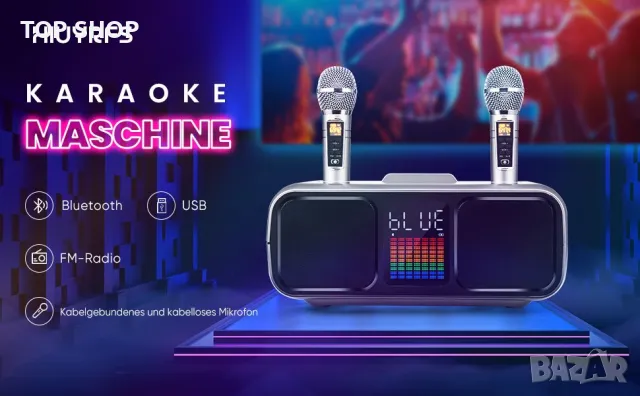 Караоке Bluetooth колонка HIUYRFS преносим комплект за деца с 2 безжични микрофона LED светлина, снимка 13 - Караоке - 49057847