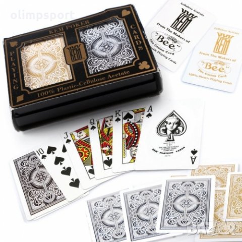 карти за игра KEM POKER JUMBO INDEX BLACK & GOLD нови Този комплект от две тестета карти KEM са в ст, снимка 1 - Карти за игра - 32068931