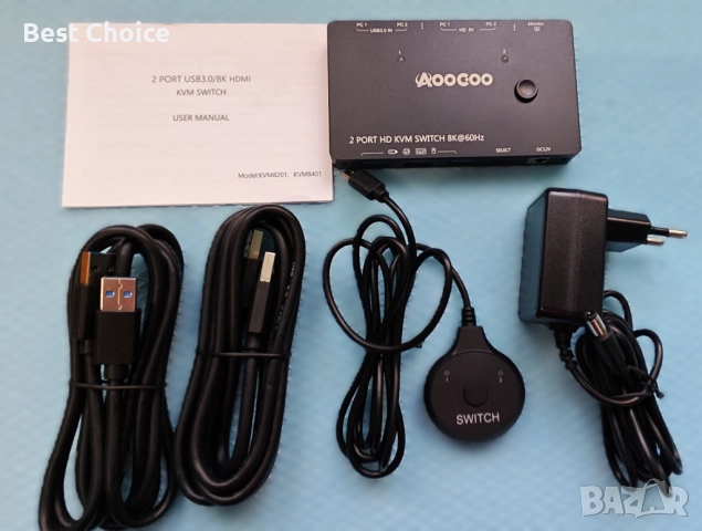KVM превключвател (switch) AOOCOO 2 Port HD, снимка 6 - Кабели и адаптери - 52715238