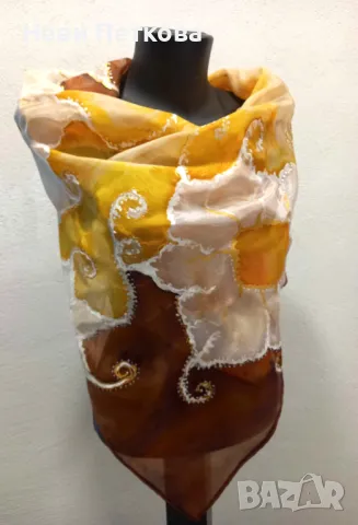 Рисуван шал КЕХЛИБАР И СТАРО ЗЛАТО, снимка 2 - Шалове - 47411192
