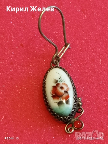 Старинна мраморна сребърна обица с червен рубин разкошна 52382, снимка 6 - Обеци - 52640105