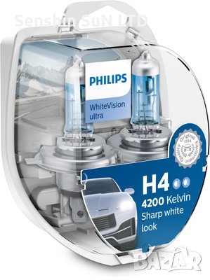 Комплект 2 халогенни крушки Philips H4 White Vision Ultra, 4200K, 12V, 60/55W, P43T-38 , снимка 1