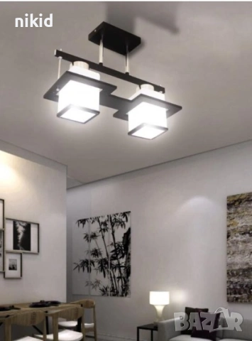 Полилей абажур квадратен квадрати Aramis Пендел с дървени лампи квадрат 2x E27 черно и бял, снимка 3 - Лампи за таван - 53059350