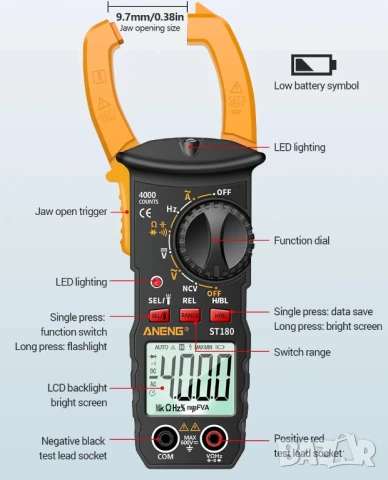 Цифров мултицет, клещи, волтметър, амперметър, мултиметър, AC DC напрежение, AC ток NCV тестер, снимка 4 - Друга електроника - 50640445