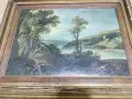 Картина - Класически пейзаж с река, фигури и кучета, върху платно, в дървена рамка ∼70х51 , снимка 1
