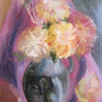 Картина -масло, фазер, ваза с хризантеми,51х36см., снимка 3 - Картини - 39466326