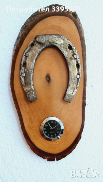 Подкова с часовник на дърво - ръчна изработка, снимка 1