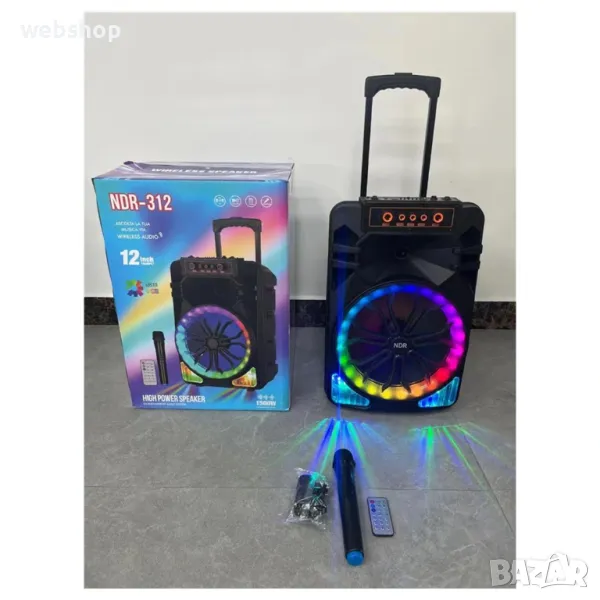 Мощна Tонколона NDR-312 с 12 инча говорител, безжичен микрофон и дистанционно, 1500W, снимка 1