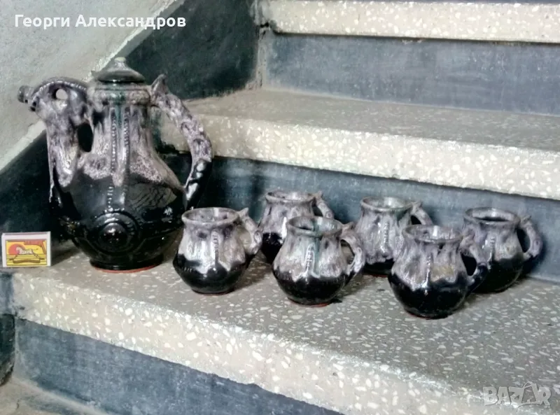 Гледжосана БУСИНСКА КЕРАМИКА Стар ГЛИНЕН СЕРВИЗ за ГРЕЯНО ВИНО / ГРЕЯНА РАКИЯ, снимка 1