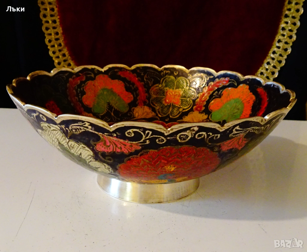 Бронзова фруктиера,салатиера,пауни,цветен емайл. , снимка 1