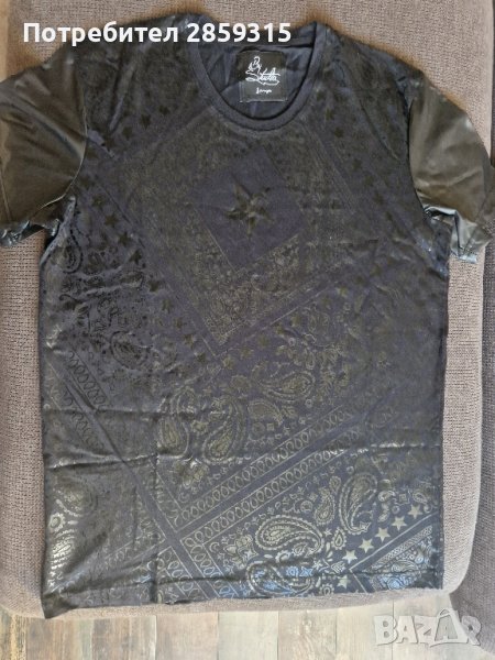 Луксозна мъжка тениска - M размер в черен цвят + еко кожа, снимка 1