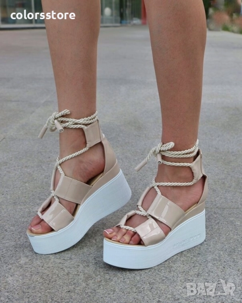 Сандали на платформа - бежов лак с бяло ходило - 311 , снимка 1