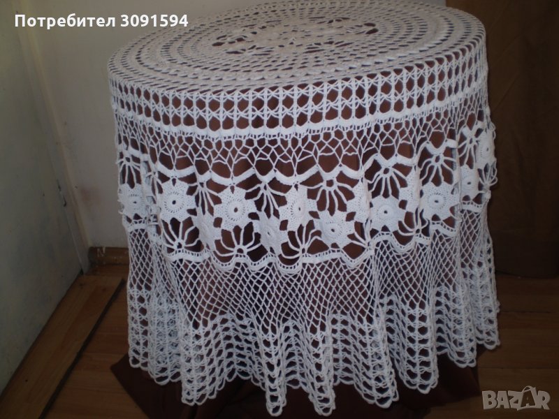  Винтидж ръчно плетена бяла памучна покривка за маса , снимка 1