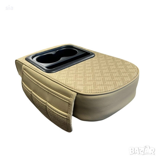 Органайзер за кола, Подложка за Подлакътник, поставки за чаши и телефон, изкуствена кожа, бежав, снимка 1