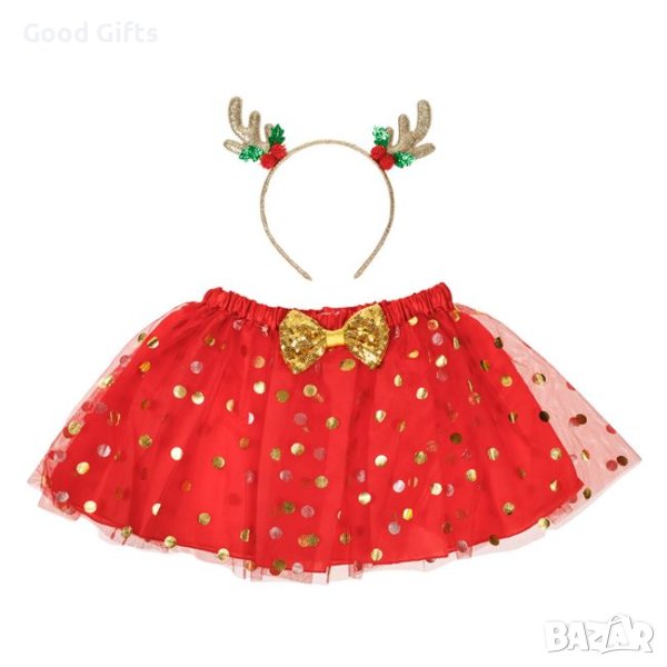 Коледна пола от червен тюл със златни точки и панделка, снимка 1