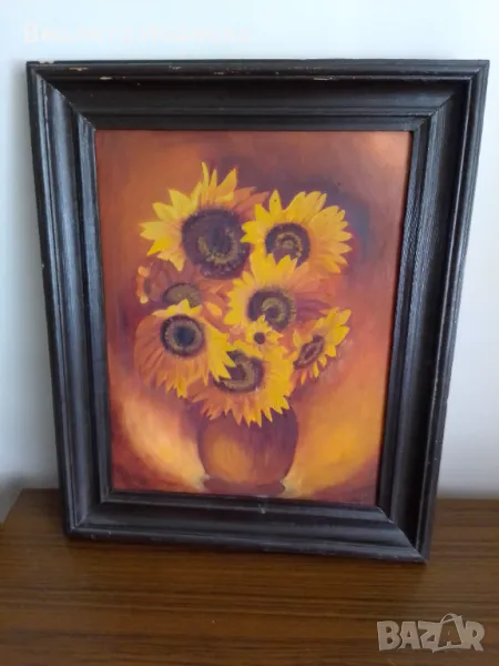 Слънчогледи, маслени бои,с размери на картината 34/44 см, а с рамката 47/57 см , снимка 1